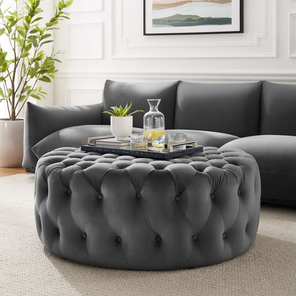 Modway Furniture Amour Tufted Button Large Round Velvet Ottoman – Plush Seating, Stylish Accent for Any Room Gray EEI-5469-GRY