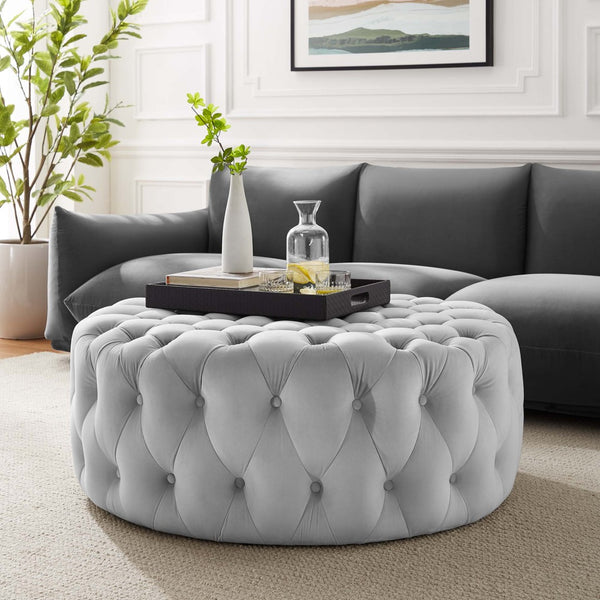 Modway Furniture Amour Tufted Button Large Round Velvet Ottoman – Plush Seating, Stylish Accent for Any Room Light Gray EEI-5469-LGR