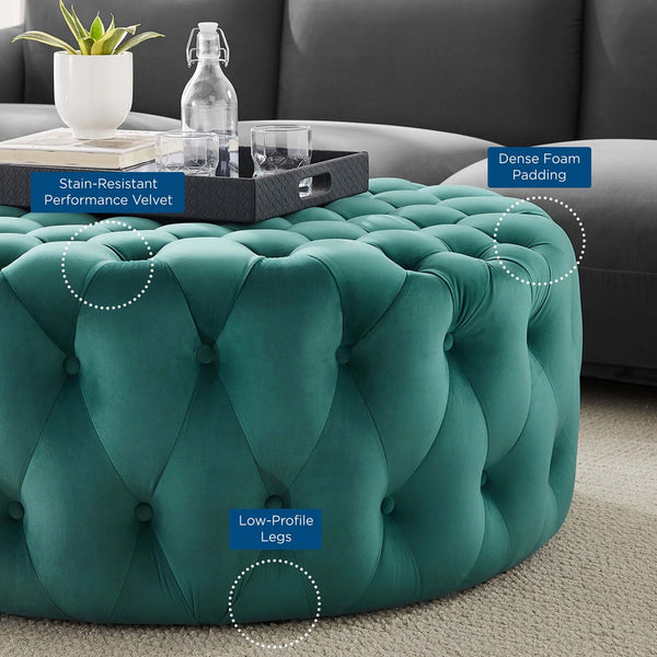Modway Furniture Amour Tufted Button Large Round Velvet Ottoman – Plush Seating, Stylish Accent for Any Room Teal EEI-5469-TEA