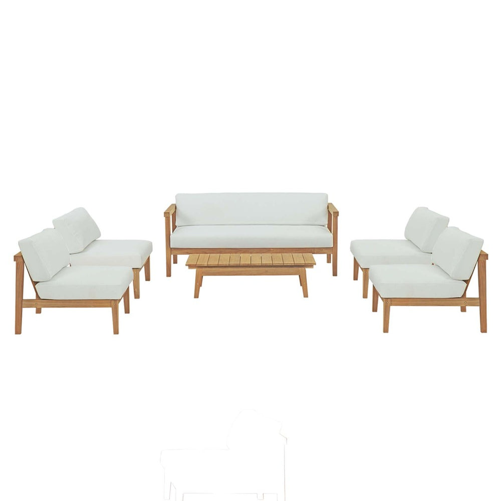 Modway Furniture Bayport 6-Piece Outdoor Patio Teak Set with Plush Cushions - Weather-Resistant & Stylish Lounge Set EEI-5483-NAT-WHI-SET