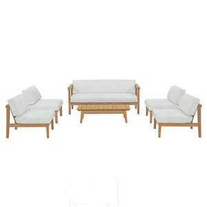 Modway Furniture Bayport 6-Piece Outdoor Patio Teak Set with Plush Cushions - Weather-Resistant & Stylish Lounge Set EEI-5483-NAT-WHI-SET