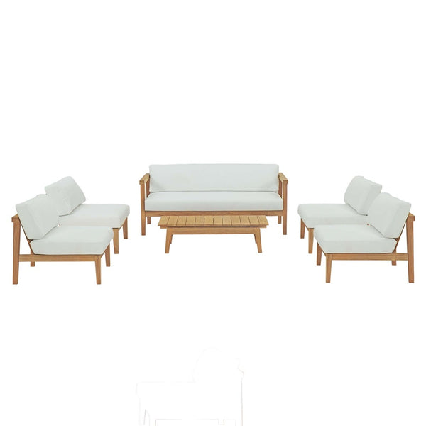 Modway Furniture Bayport 6-Piece Outdoor Patio Teak Set with Plush Cushions - Weather-Resistant & Stylish Lounge Set EEI-5483-NAT-WHI-SET