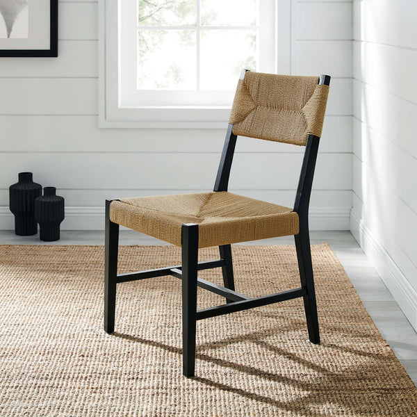 Modway Furniture Bodie Wood Dining Chair - Handcrafted Coastal-Inspired Design with Woven Paper Rope Backrest Black Natural EEI-5489-BLK-NAT