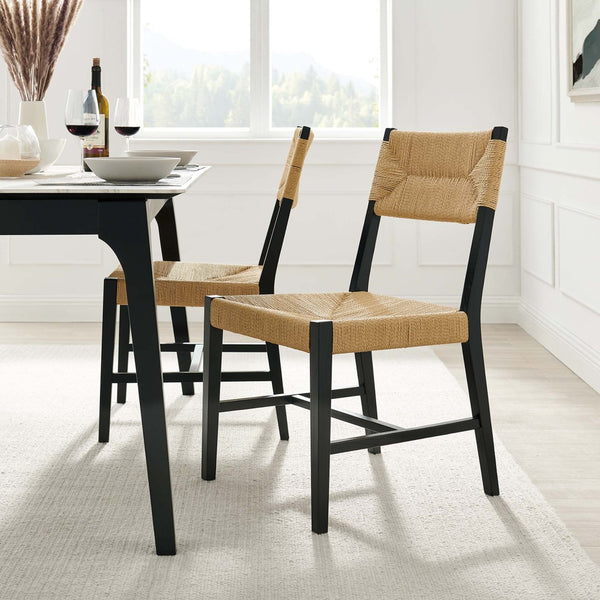 Modway Furniture Bodie Wood Dining Chair - Handcrafted Coastal-Inspired Design with Woven Paper Rope Backrest Black Natural EEI-5489-BLK-NAT