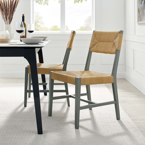 Modway Furniture Bodie Wood Dining Chair - Handcrafted Coastal-Inspired Design with Woven Paper Rope Backrest Light Gray Natural EEI-5489-LGR-NAT