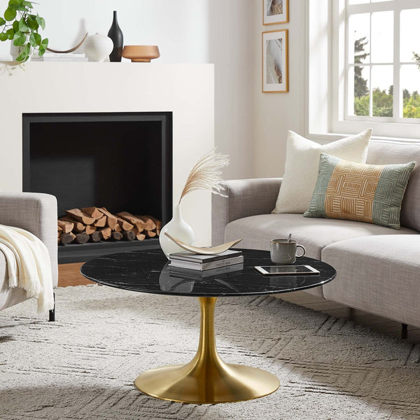 Modway Furniture Lippa 36" Round Faux Marble Coffee Table - Mid-Century Modern Design with Gold Base, Stylish & Durable EEI-5521-GLD-BLK