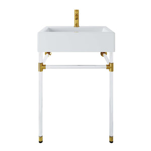 Modway Furniture Redeem 24" Wall-Mount Acrylic Bathroom Vanity with Glossy Basin & Gold Accents for Small Spaces EEI-5535-ACR-WHI