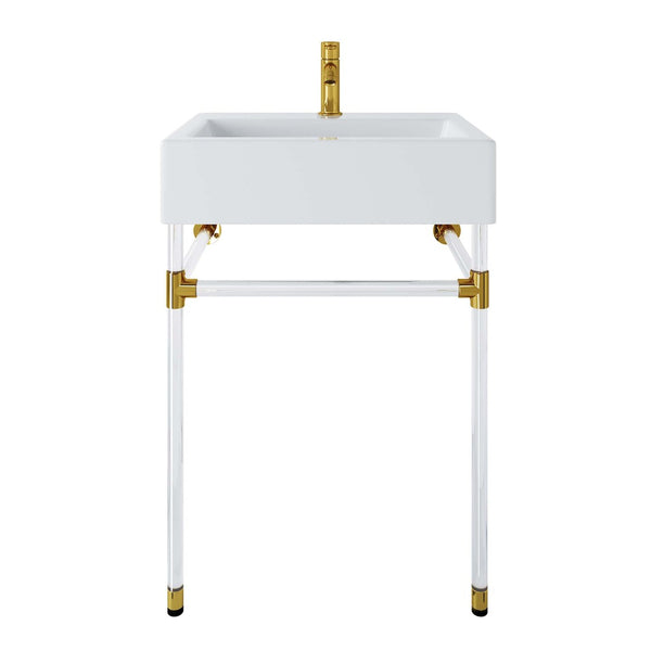 Modway Furniture Redeem 24" Wall-Mount Acrylic Bathroom Vanity with Glossy Basin & Gold Accents for Small Spaces EEI-5535-ACR-WHI
