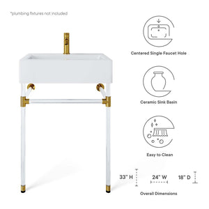 Modway Furniture Redeem 24" Wall-Mount Acrylic Bathroom Vanity with Glossy Basin & Gold Accents for Small Spaces EEI-5535-ACR-WHI