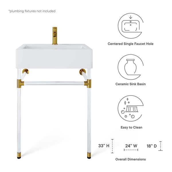 Modway Furniture Redeem 24" Wall-Mount Acrylic Bathroom Vanity with Glossy Basin & Gold Accents for Small Spaces EEI-5535-ACR-WHI