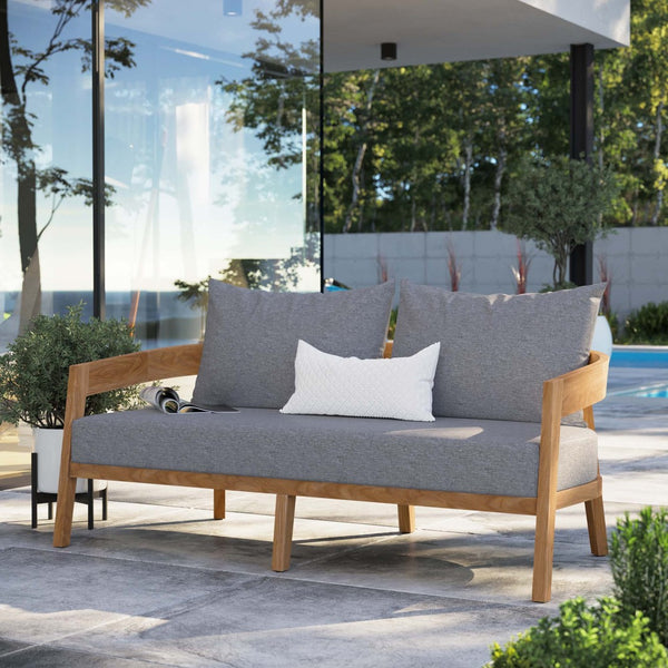 Modway Furniture Brisbane Teak Wood Outdoor Patio Loveseat – Durable Comfort with Weather-Resistant Cushions for Relaxation Natural Gray EEI-5601-NAT-GRY