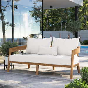 Modway Furniture Brisbane Teak Wood Outdoor Patio Loveseat – Durable Comfort with Weather-Resistant Cushions for Relaxation Natural White EEI-5601-NAT-WHI