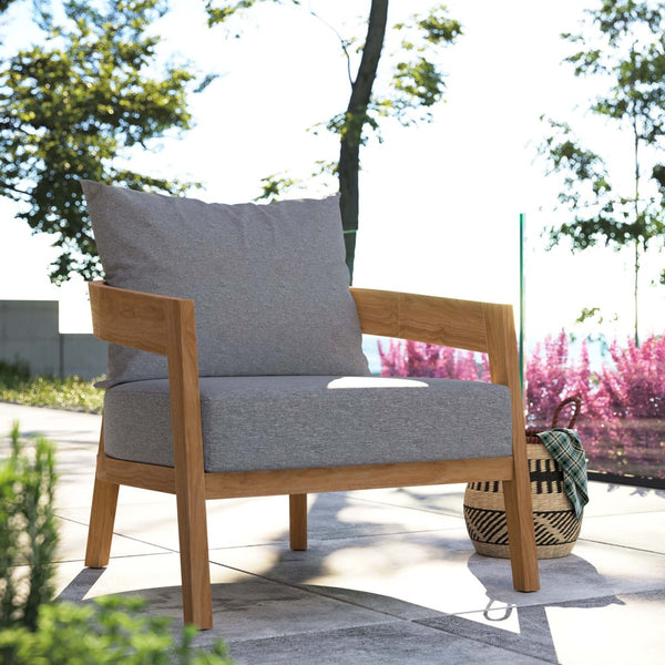 Modway Furniture Brisbane Teak Wood Outdoor Patio Armchair – Modern Comfort with Durable Weather-Ready Cushions Natural Gray EEI-5602-NAT-GRY