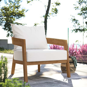 Modway Furniture Brisbane Teak Wood Outdoor Patio Armchair – Modern Comfort with Durable Weather-Ready Cushions Natural White EEI-5602-NAT-WHI