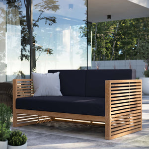 Modway Furniture Carlsbad Teak Wood Outdoor Loveseat - Stylish, Durable Seating with Weather-Resistant Cushions Natural Navy EEI-5605-NAT-NAV