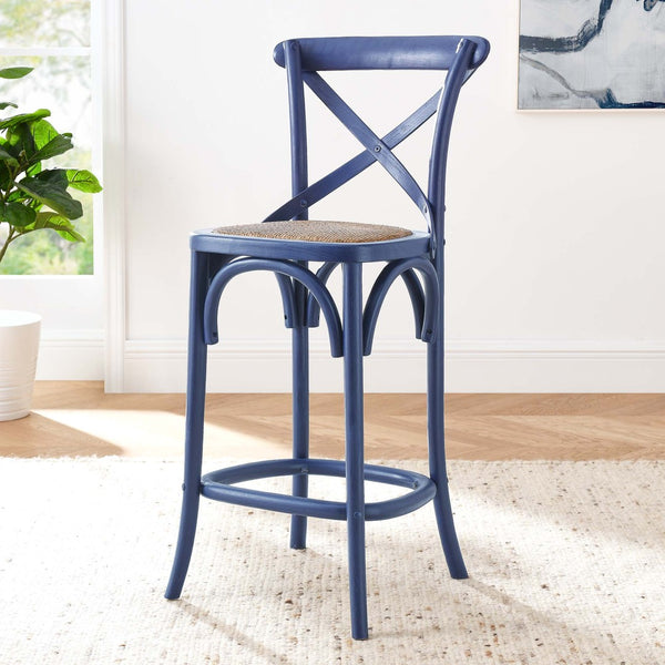 Modway Furniture Gear Counter Stool by Modway - Rustic Farmhouse Design with Durable Rattan Seat and Sturdy Elm Frame Midnight Blue EEI-5667-MID