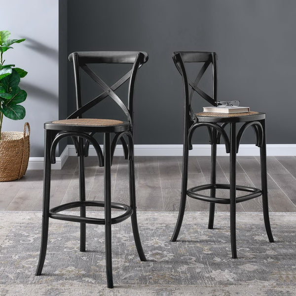 Modway Furniture Gear Bar Stool by Modway - Stylish Farmhouse Design with Durable Elm Wood and Woven Rattan Seat Black EEI-5668-BLK