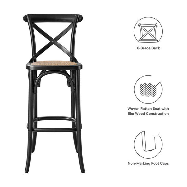 Modway Furniture Gear Bar Stool by Modway - Stylish Farmhouse Design with Durable Elm Wood and Woven Rattan Seat Black EEI-5668-BLK