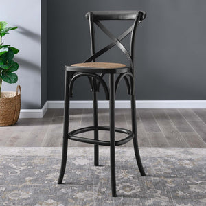 Modway Furniture Gear Bar Stool by Modway - Stylish Farmhouse Design with Durable Elm Wood and Woven Rattan Seat Black EEI-5668-BLK