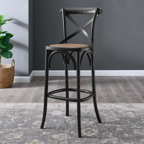 Modway Furniture Gear Bar Stool by Modway - Stylish Farmhouse Design with Durable Elm Wood and Woven Rattan Seat Black EEI-5668-BLK