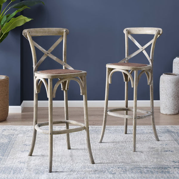 Modway Furniture Gear Bar Stool by Modway - Stylish Farmhouse Design with Durable Elm Wood and Woven Rattan Seat Gray EEI-5668-GRY