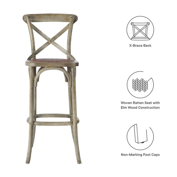 Modway Furniture Gear Bar Stool by Modway - Stylish Farmhouse Design with Durable Elm Wood and Woven Rattan Seat Gray EEI-5668-GRY