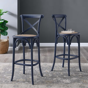 Modway Furniture Gear Bar Stool by Modway - Stylish Farmhouse Design with Durable Elm Wood and Woven Rattan Seat Midnight Blue EEI-5668-MID