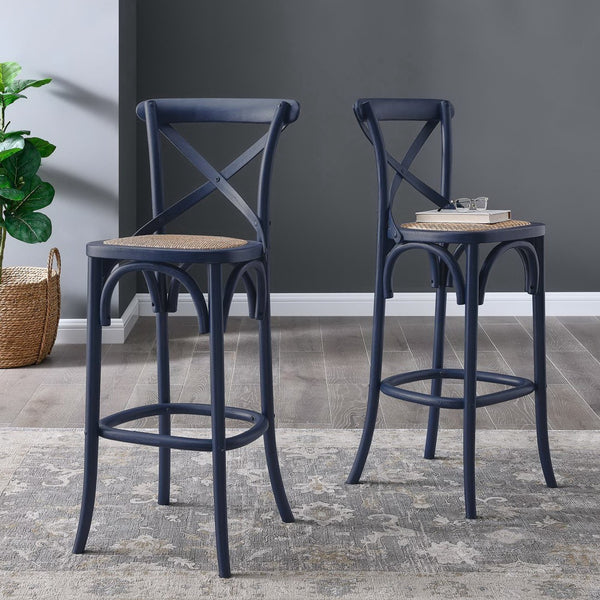Modway Furniture Gear Bar Stool by Modway - Stylish Farmhouse Design with Durable Elm Wood and Woven Rattan Seat Midnight Blue EEI-5668-MID