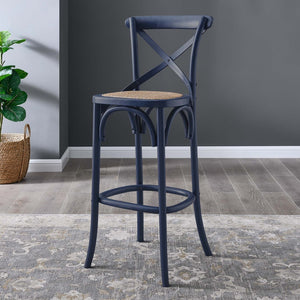 Modway Furniture Gear Bar Stool by Modway - Stylish Farmhouse Design with Durable Elm Wood and Woven Rattan Seat Midnight Blue EEI-5668-MID