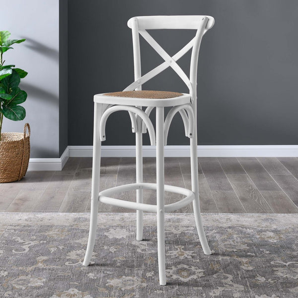 Modway Furniture Gear Bar Stool by Modway - Stylish Farmhouse Design with Durable Elm Wood and Woven Rattan Seat White EEI-5668-WHI