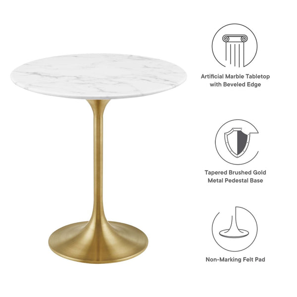 Modway Furniture Lippa 20" Round Faux Marble Side Table - Elegant Mid-Century Accent for Modern Living Spaces Gold White EEI-5685-GLD-WHI