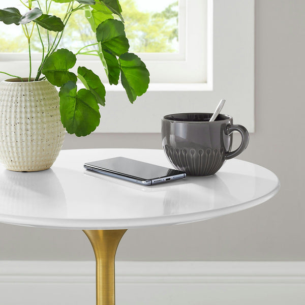 Modway Furniture Lippa Round Sintered Stone Side Table with Brushed Gold Pedestal Mid Century Modern Gold / White EEI-5686-GLD-WHI
