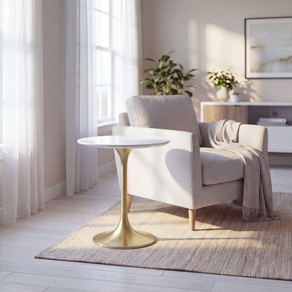 Modway Furniture Lippa Round Sintered Stone Side Table with Brushed Gold Pedestal Mid Century Modern Gold / White EEI-5686-GLD-WHI