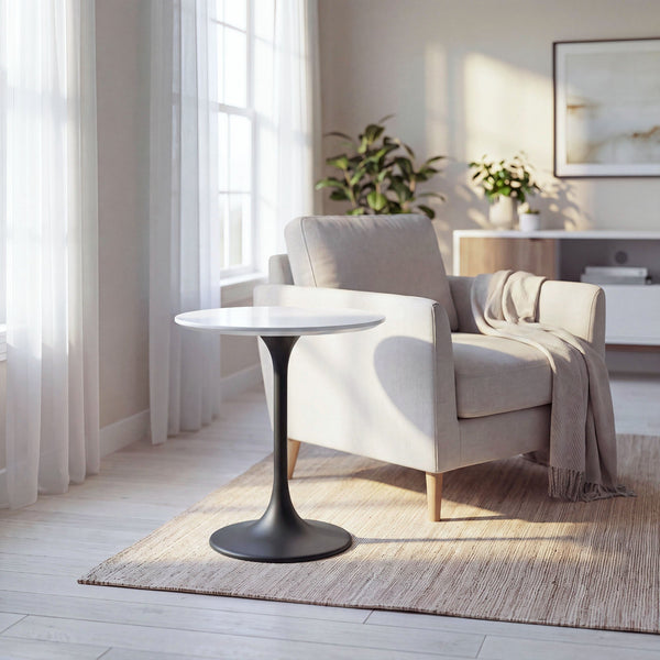 Modway Furniture Lippa Round Sintered Stone Side Table with Brushed Gold Pedestal Mid Century Modern Black / White EEI-5691-BLK-WHI