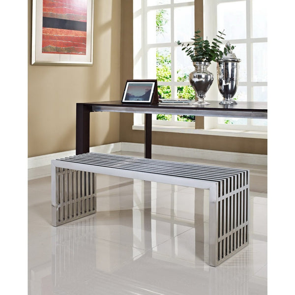 Modway Furniture Gridiron Large Stainless Steel Bench - Sleek Modern Minimalism for Stylish Reception & Lounge Spaces EEI-570-SLV