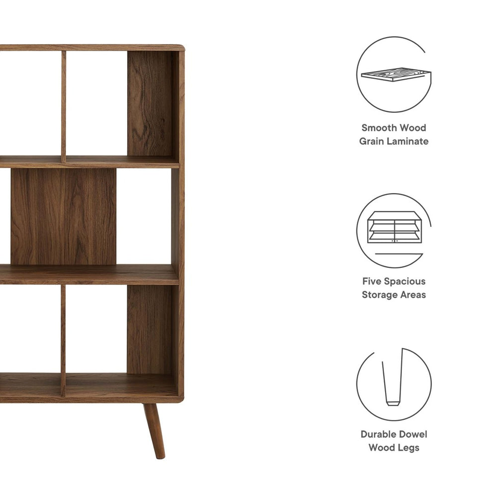 Modway Furniture Transmit 5 Shelf Wood Grain Bookcase - Modern Mid-Century Design for Stylish Home Storage Solutions Walnut EEI-5743-WAL