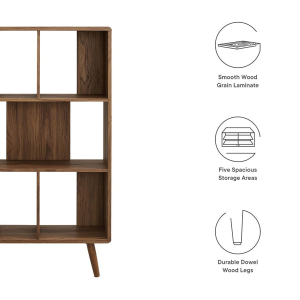Modway Furniture Transmit 5 Shelf Wood Grain Bookcase - Modern Mid-Century Design for Stylish Home Storage Solutions Walnut EEI-5743-WAL