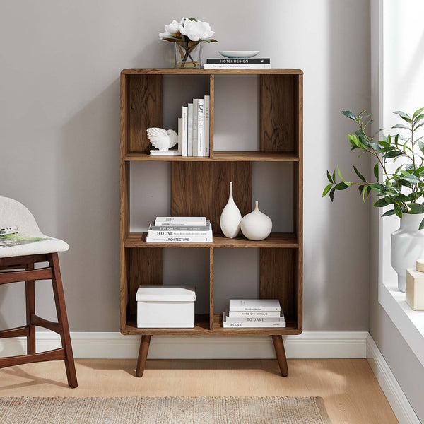 Modway Furniture Transmit 5 Shelf Wood Grain Bookcase - Modern Mid-Century Design for Stylish Home Storage Solutions Walnut EEI-5743-WAL
