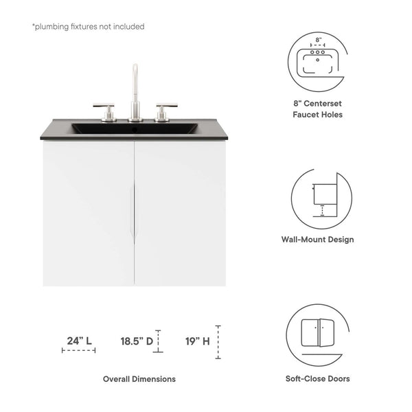 Modway Furniture Vitality 24" Wall-Mount Bathroom Vanity with Integrated Sink - Modern Design for Stylish Spaces White Black EEI-5782-WHI-BLK