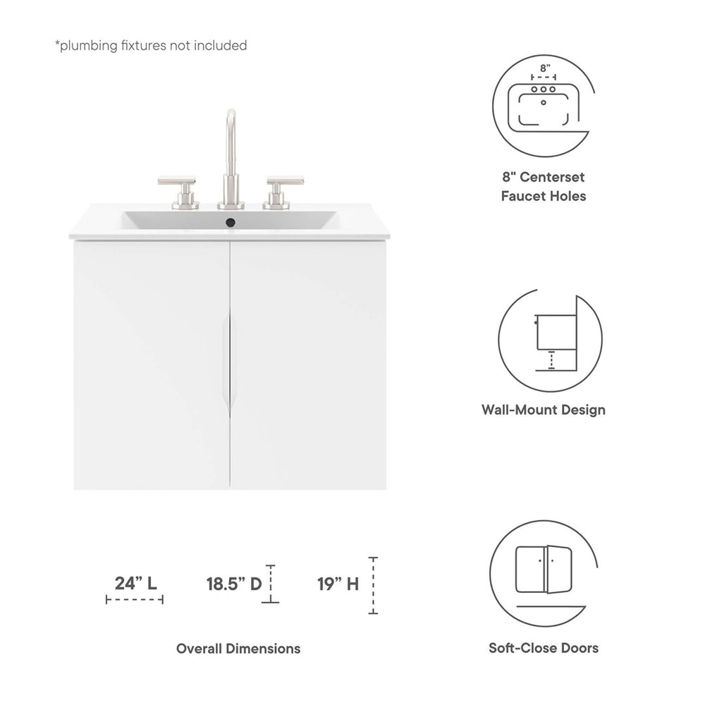 Modway Furniture Vitality 24" Wall-Mount Bathroom Vanity with Integrated Sink - Modern Design for Stylish Spaces White White EEI-5782-WHI-WHI
