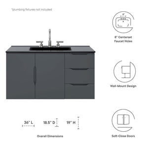 Modway Furniture Vitality 36” Wall-Mount Bathroom Vanity with Integrated Sink - Modern Storage & Clean Design Gray Black EEI-5783-GRY-BLK