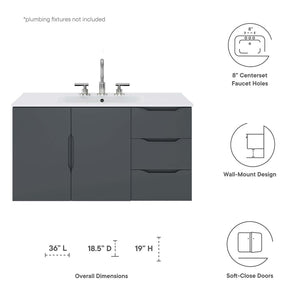 Modway Furniture Vitality 36” Wall-Mount Bathroom Vanity with Integrated Sink - Modern Storage & Clean Design Gray White EEI-5783-GRY-WHI