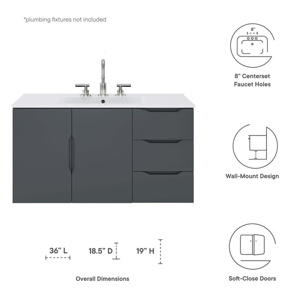 Modway Furniture Vitality 36” Wall-Mount Bathroom Vanity with Integrated Sink - Modern Storage & Clean Design Gray White EEI-5783-GRY-WHI