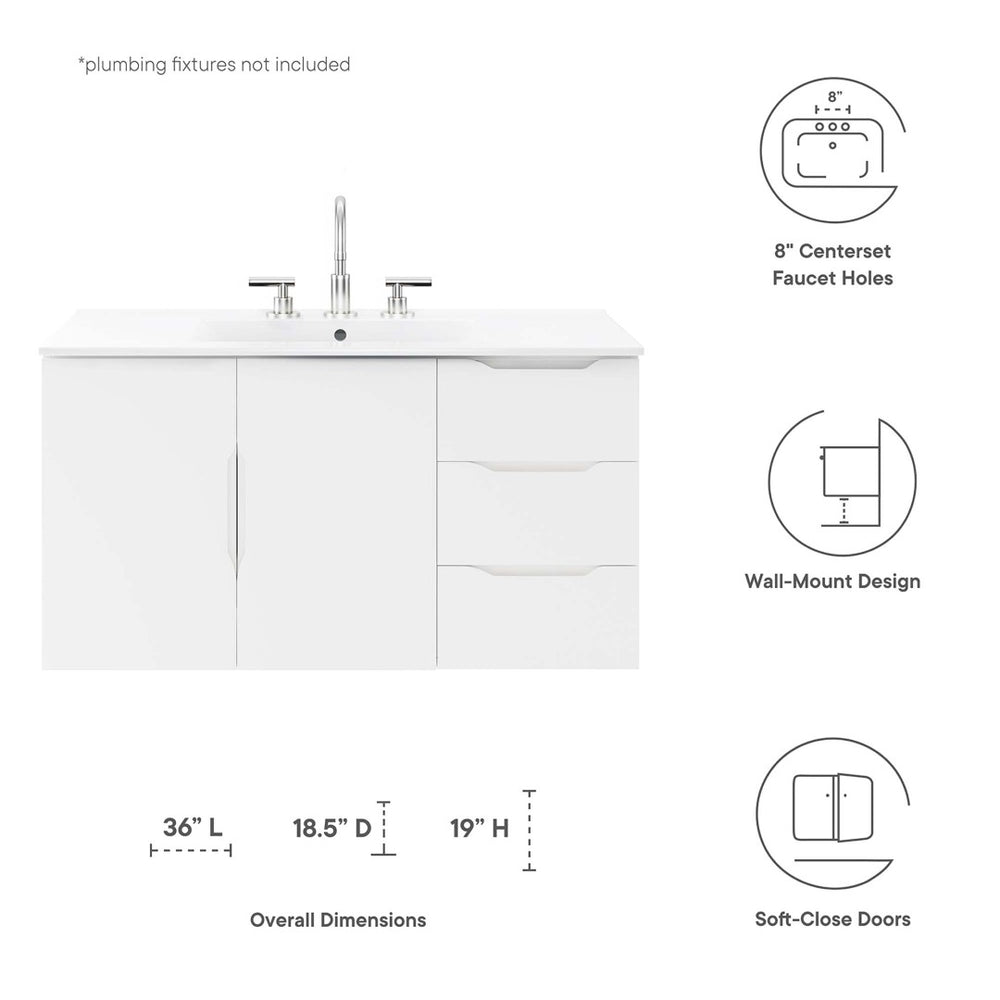 Modway Furniture Vitality 36” Wall-Mount Bathroom Vanity with Integrated Sink - Modern Storage & Clean Design White White EEI-5783-WHI-WHI