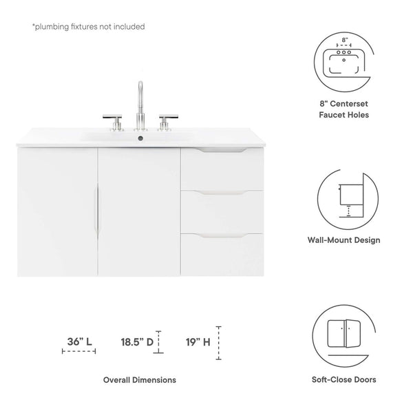Modway Furniture Vitality 36” Wall-Mount Bathroom Vanity with Integrated Sink - Modern Storage & Clean Design White White EEI-5783-WHI-WHI