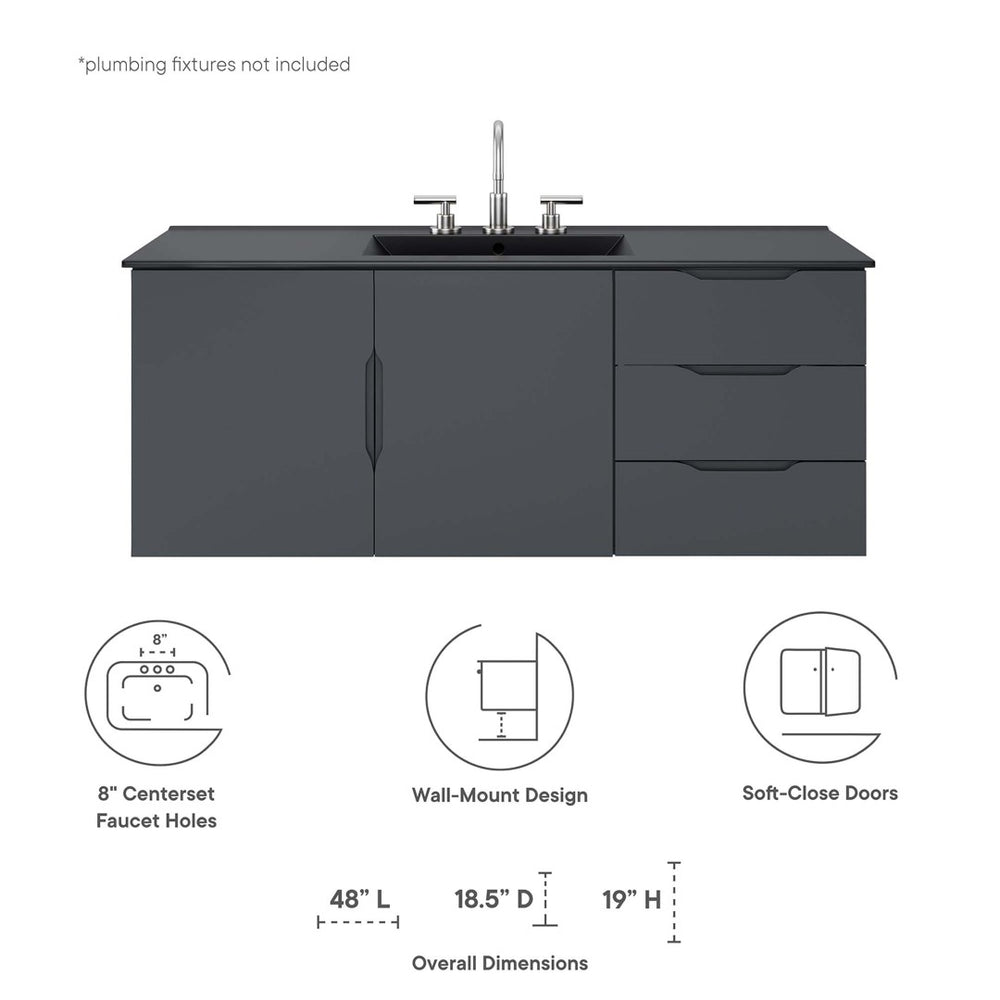 Modway Furniture Vitality 48" Single Sink Bathroom Vanity - Modern Wall-Mounted Design with Spacious Storage Solutions Gray Black EEI-5784-GRY-BLK