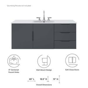 Modway Furniture Vitality 48" Single Sink Bathroom Vanity - Modern Wall-Mounted Design with Spacious Storage Solutions Gray White EEI-5784-GRY-WHI