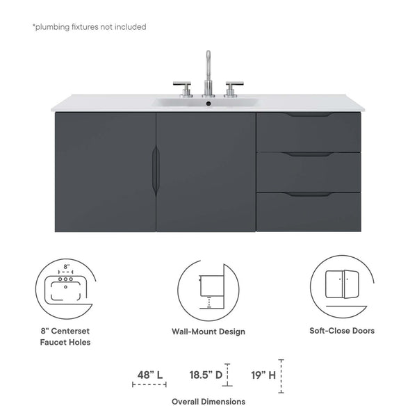 Modway Furniture Vitality 48" Single Sink Bathroom Vanity - Modern Wall-Mounted Design with Spacious Storage Solutions Gray White EEI-5784-GRY-WHI