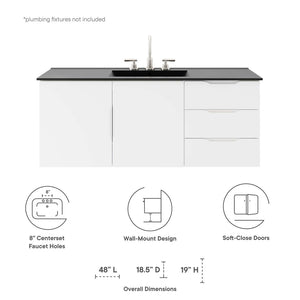 Modway Furniture Vitality 48" Single Sink Bathroom Vanity - Modern Wall-Mounted Design with Spacious Storage Solutions White Black EEI-5784-WHI-BLK