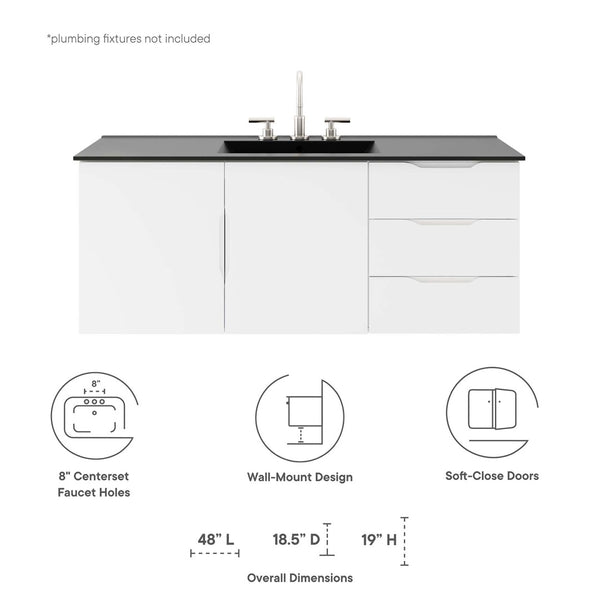 Modway Furniture Vitality 48" Single Sink Bathroom Vanity - Modern Wall-Mounted Design with Spacious Storage Solutions White Black EEI-5784-WHI-BLK